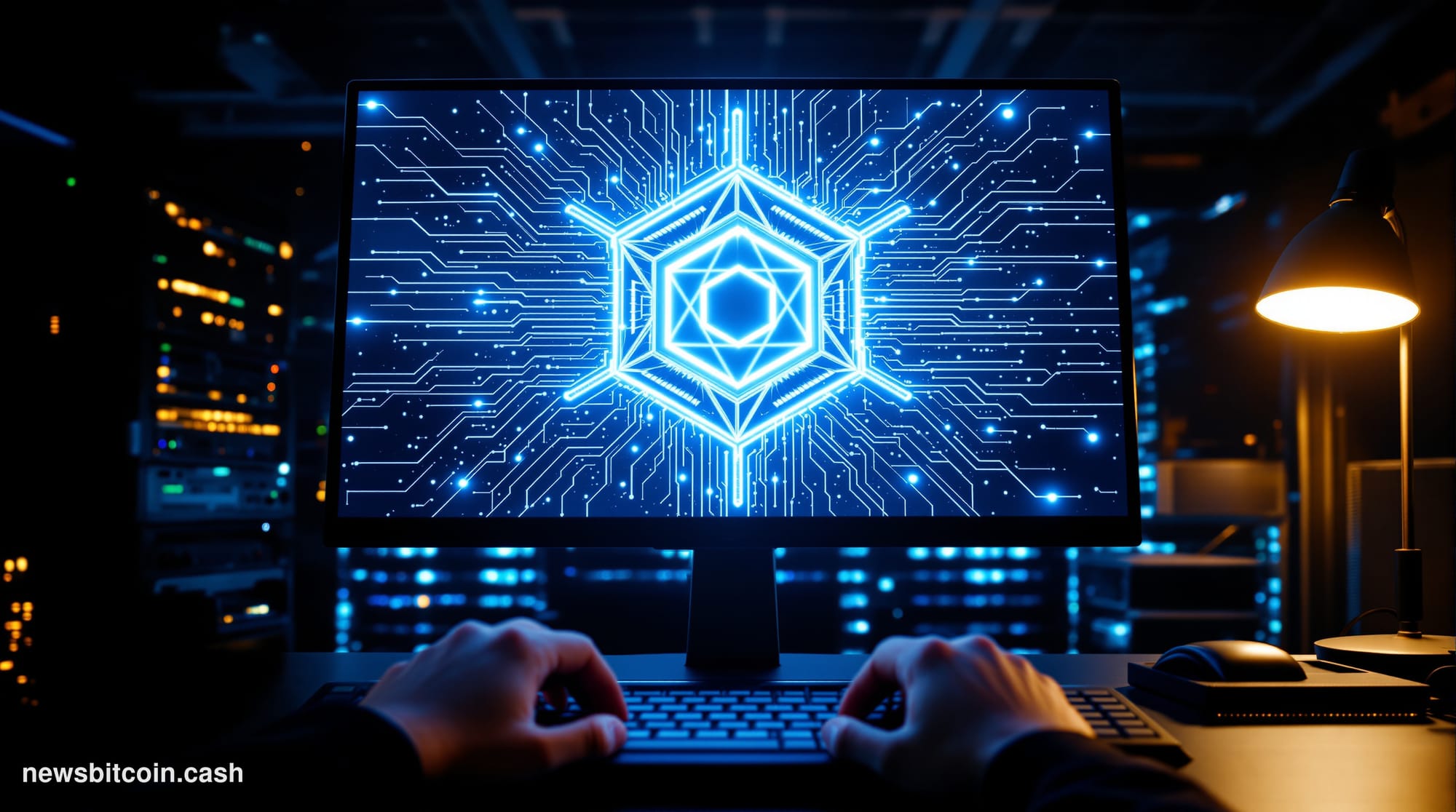 Cinematic photorealistic editorial photograph of a dimly lit server room with a central monitor displaying a glowing Bitcoin 