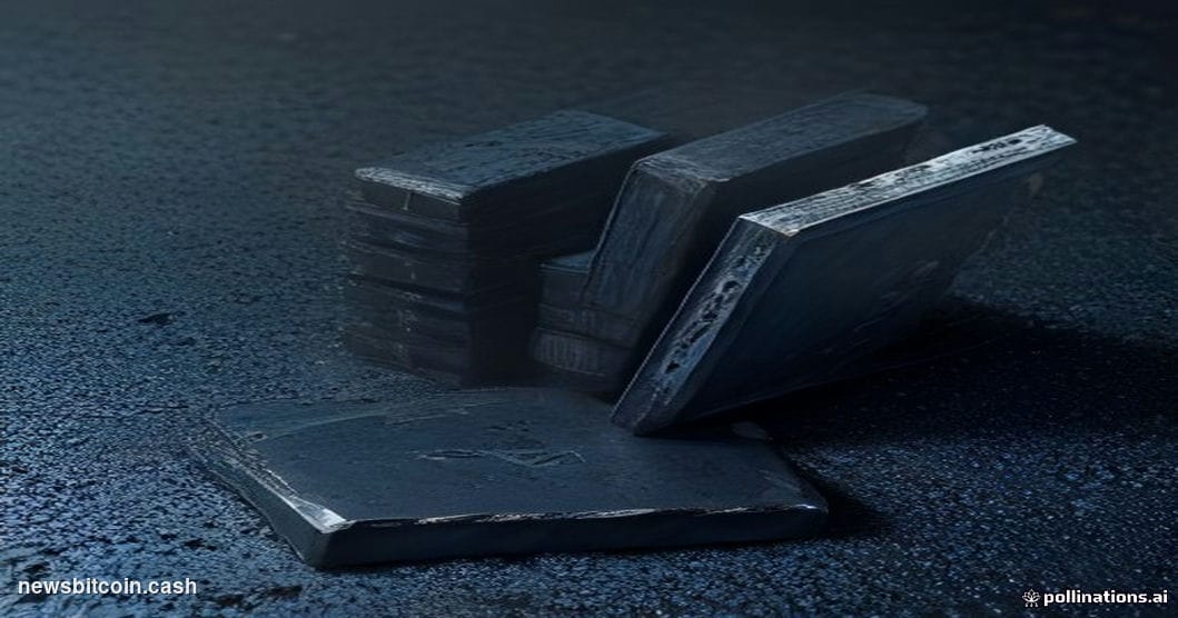 A cinematic photorealistic editorial photograph of silver bullion bars and coins piled on a dark slate surface, dramatically 