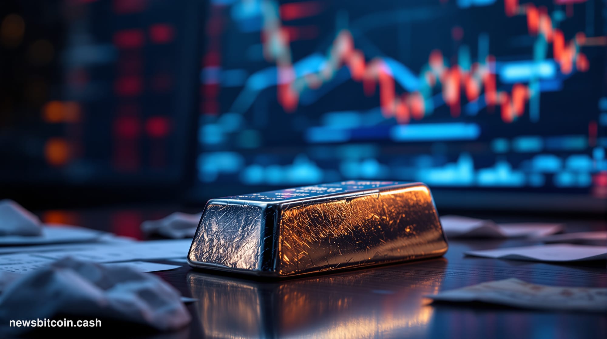 A cinematic photorealistic editorial photograph of a physical silver bullion bar resting on a dark mahogany trading desk, dra