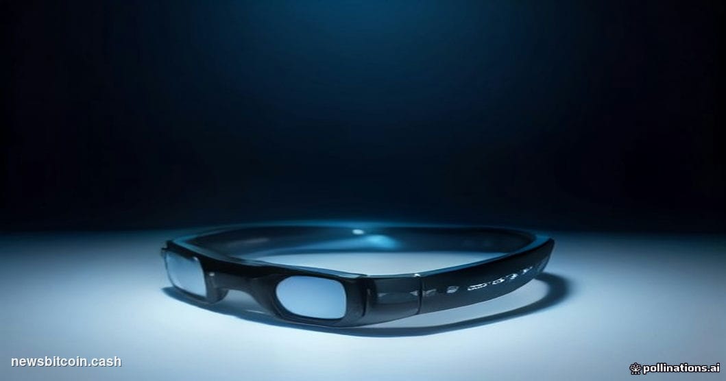 Cinematic photorealistic editorial photograph of a pair of sleek, futuristic augmented reality glasses resting on a high-glos