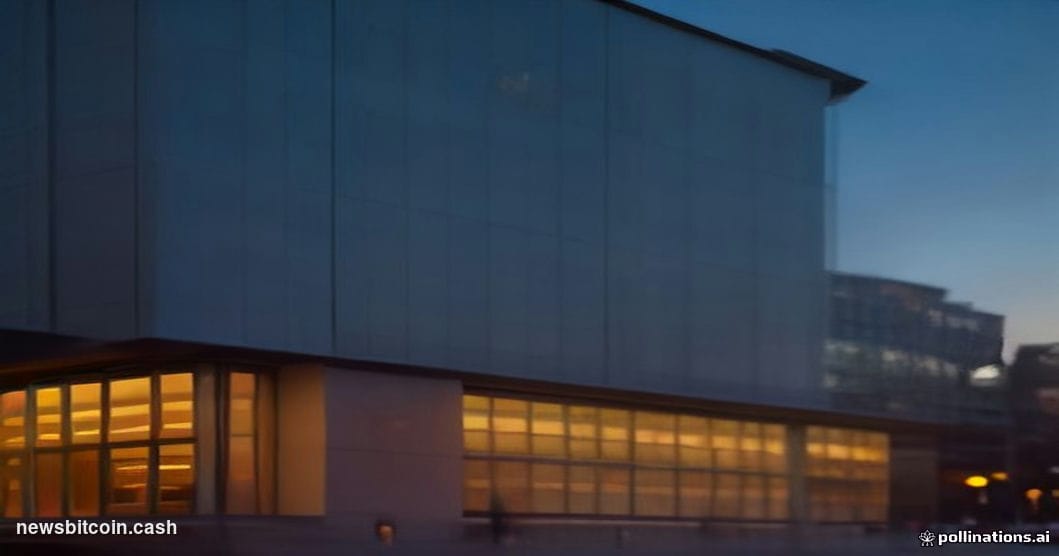 Cinematic photorealistic editorial photograph of SoFi's modern corporate office exterior at dusk, the building facade softly 