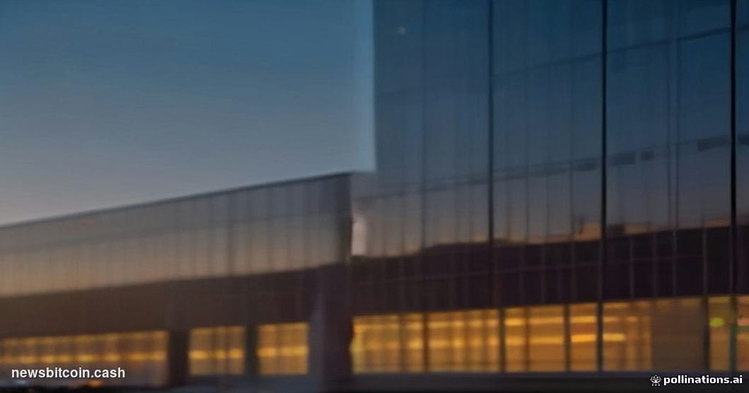 Cinematic photorealistic editorial photograph of SoFi's recognizable corporate headquarters exterior shot at dusk, the buildi