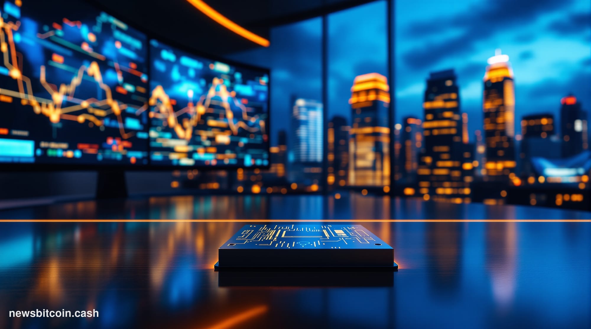 Cinematic photorealistic editorial photograph of a sleek modern financial trading floor bathed in cool blue and amber lightin