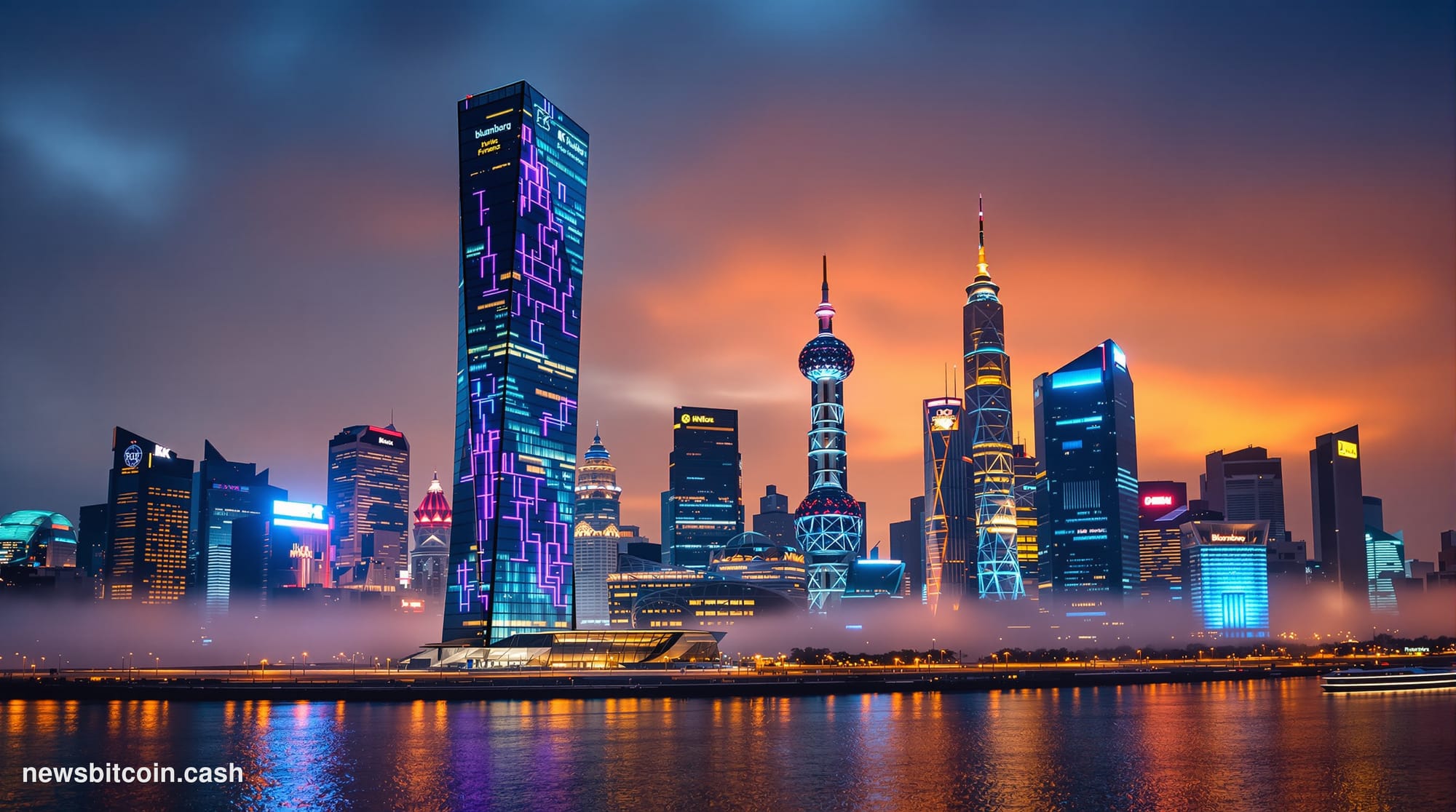 Cinematic photorealistic editorial photograph of the Shanghai skyline at dusk, shot from across the Huangpu River with the Pu