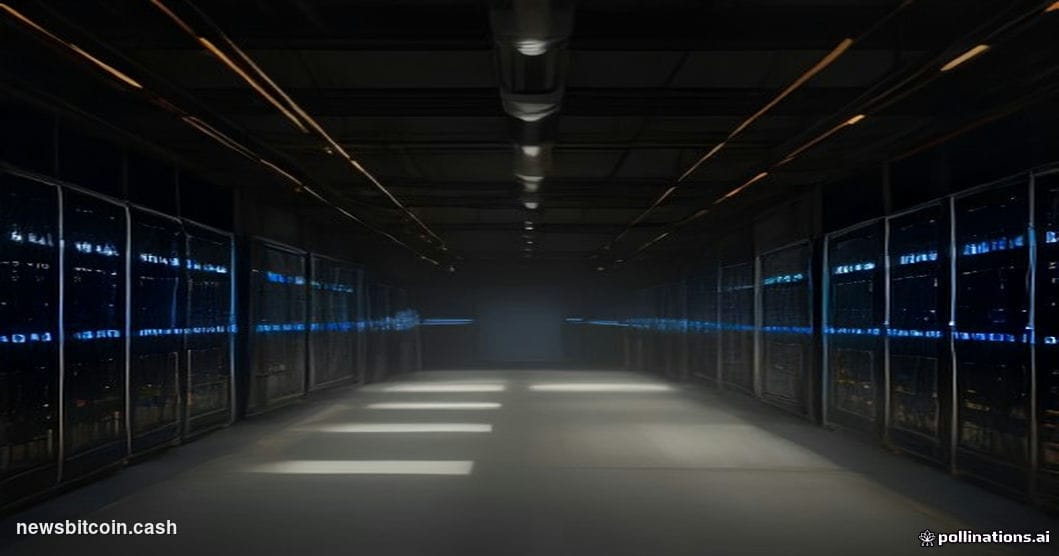 A cinematic photorealistic editorial photograph of a server room being decommissioned at night, with dramatic amber and blue 