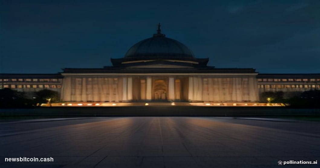 Cinematic photorealistic editorial photograph of the South Korean National Assembly building in Yeouido, Seoul, shot at dusk 