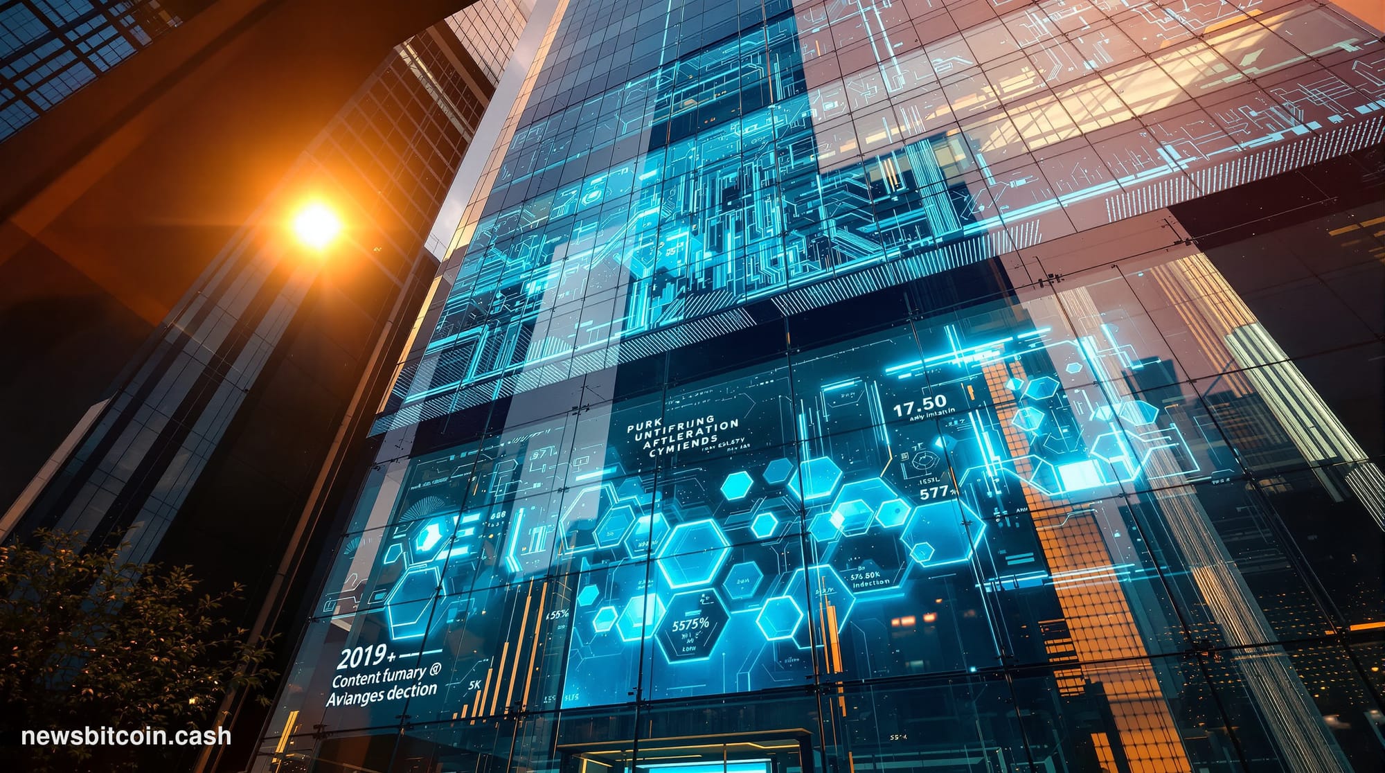 A cinematic photorealistic editorial photograph shot from a low angle looking up at the imposing glass and steel facade of a 
