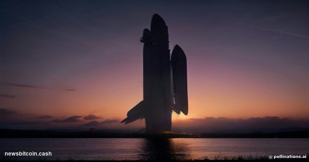 Cinematic photorealistic editorial photograph shot at dusk from a low-angle perspective looking up at a SpaceX Starship rocke