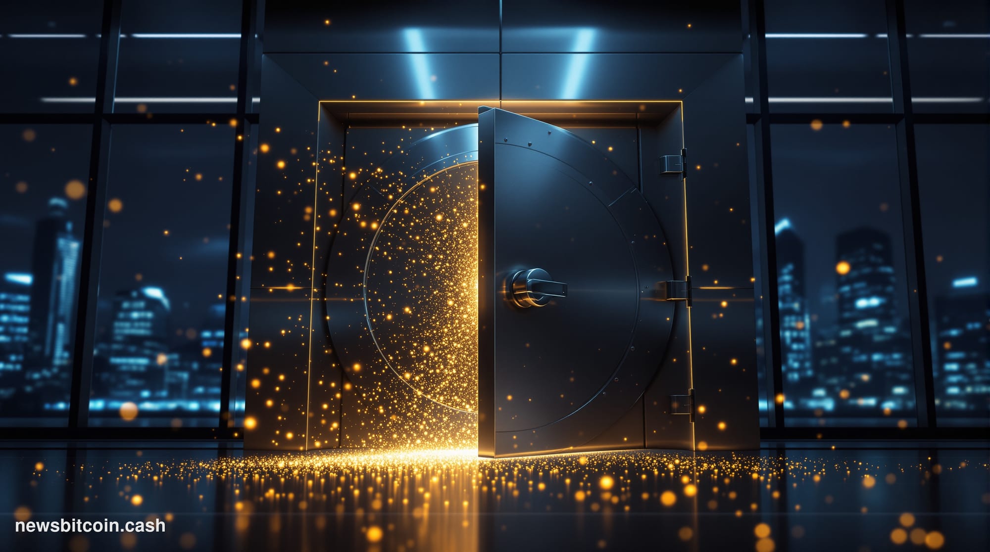 Cinematic photorealistic editorial photograph of a modern bank vault door slightly ajar, with streams of glowing golden digit