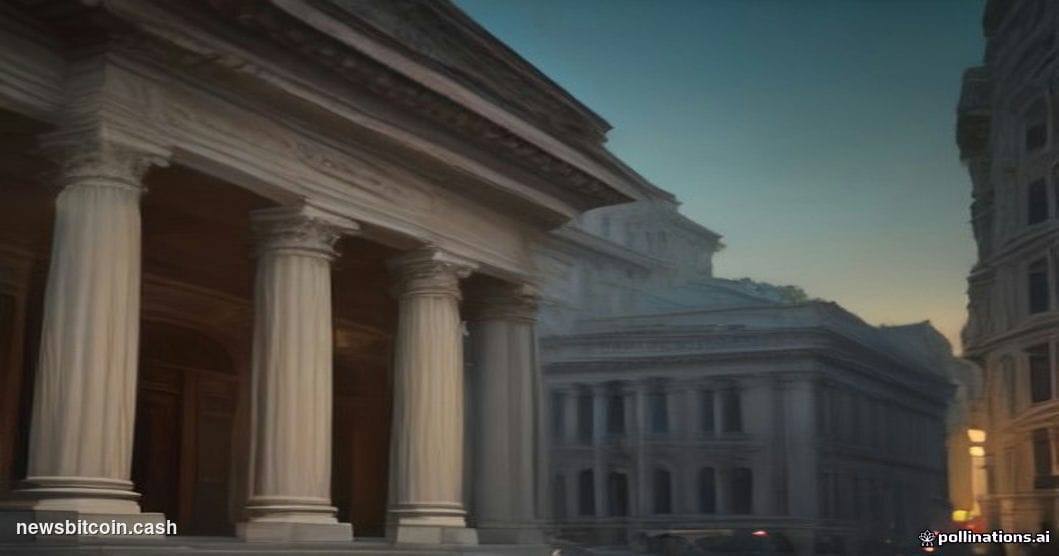 Cinematic photorealistic editorial photograph of a Bank of Italy-style neoclassical stone building facade at dusk, shot from 