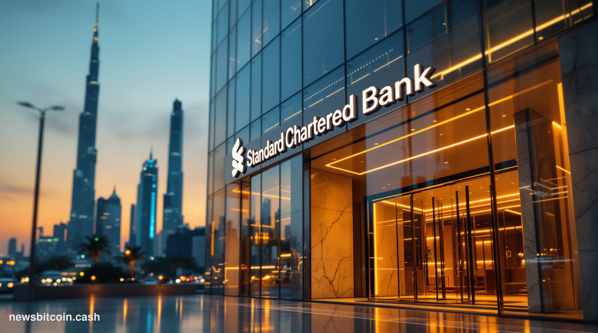 Cinematic photorealistic editorial photograph of the Standard Chartered bank headquarters in Dubai, UAE, shot at golden hour 