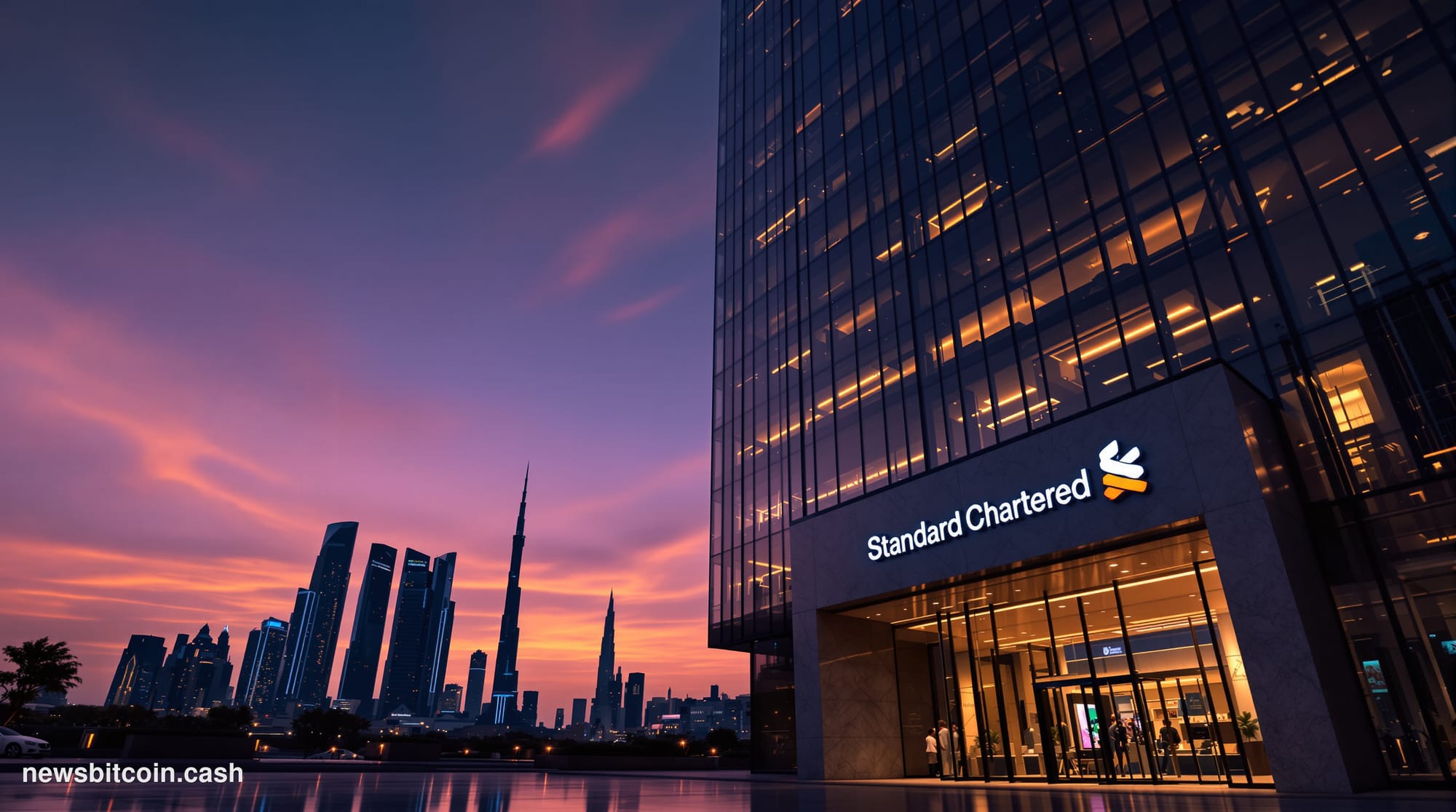 Cinematic photorealistic editorial photograph of the Standard Chartered bank's Dubai branch exterior at dusk, the sleek glass
