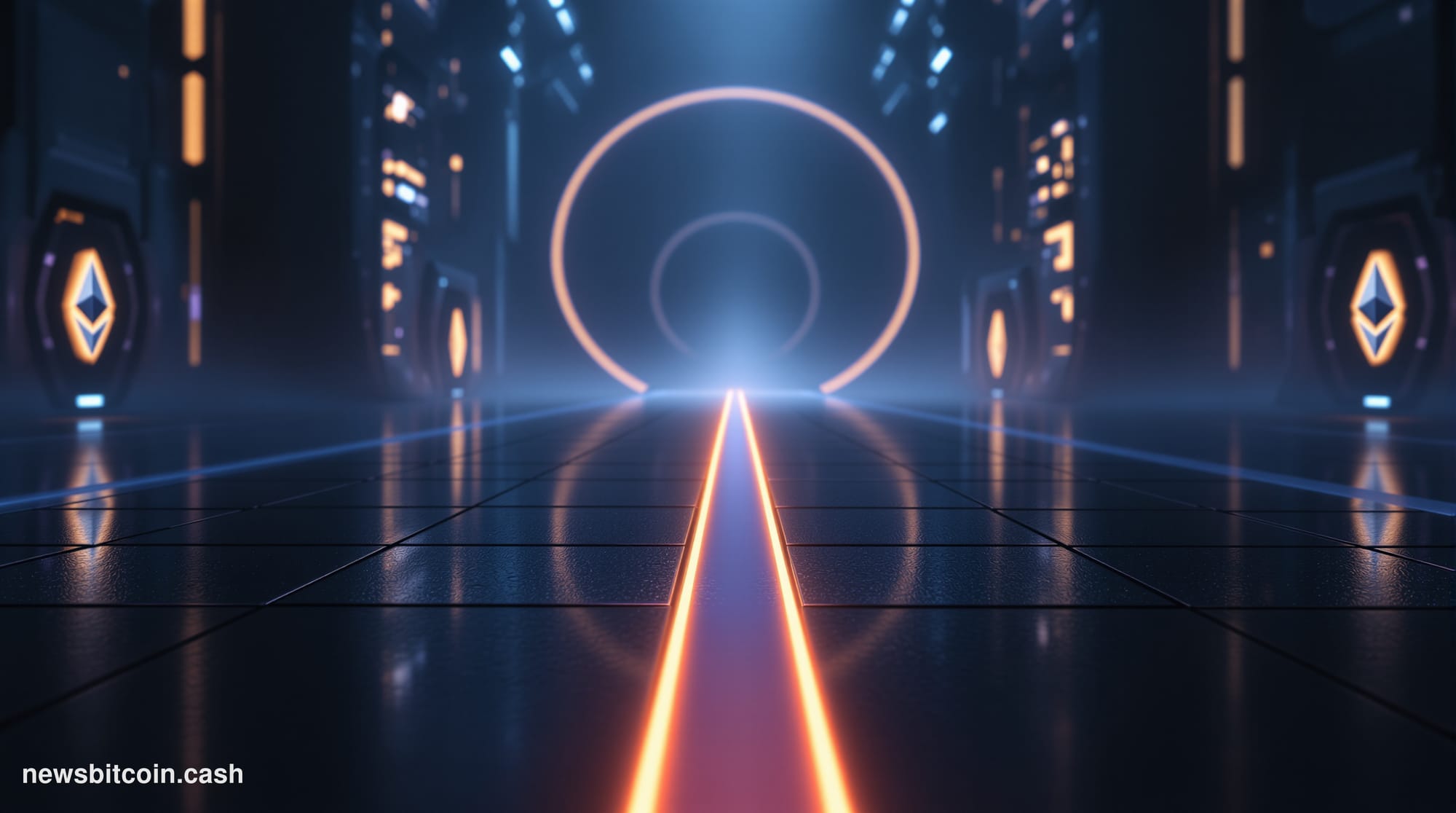 A dramatic cinematic photorealistic editorial photograph depicting a pivotal crossroads in blockchain infrastructure. In the 