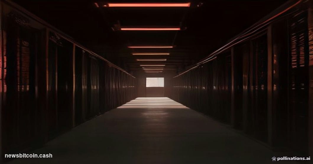 Cinematic photorealistic editorial photograph of a darkened server room corridor, shot from a low angle looking upward along 