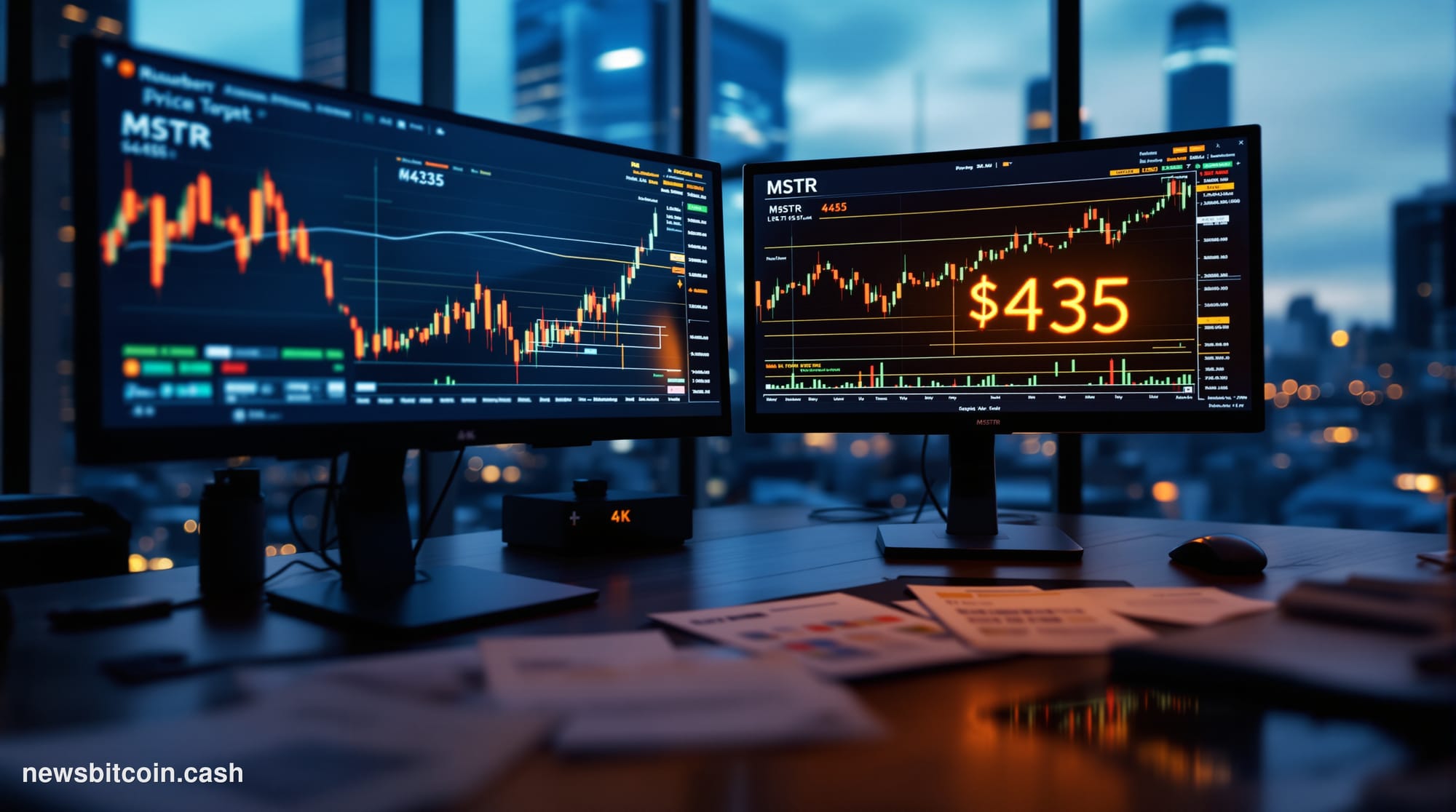 Cinematic photorealistic editorial photograph of a Wall Street analyst's trading desk environment, shot from a low angle look