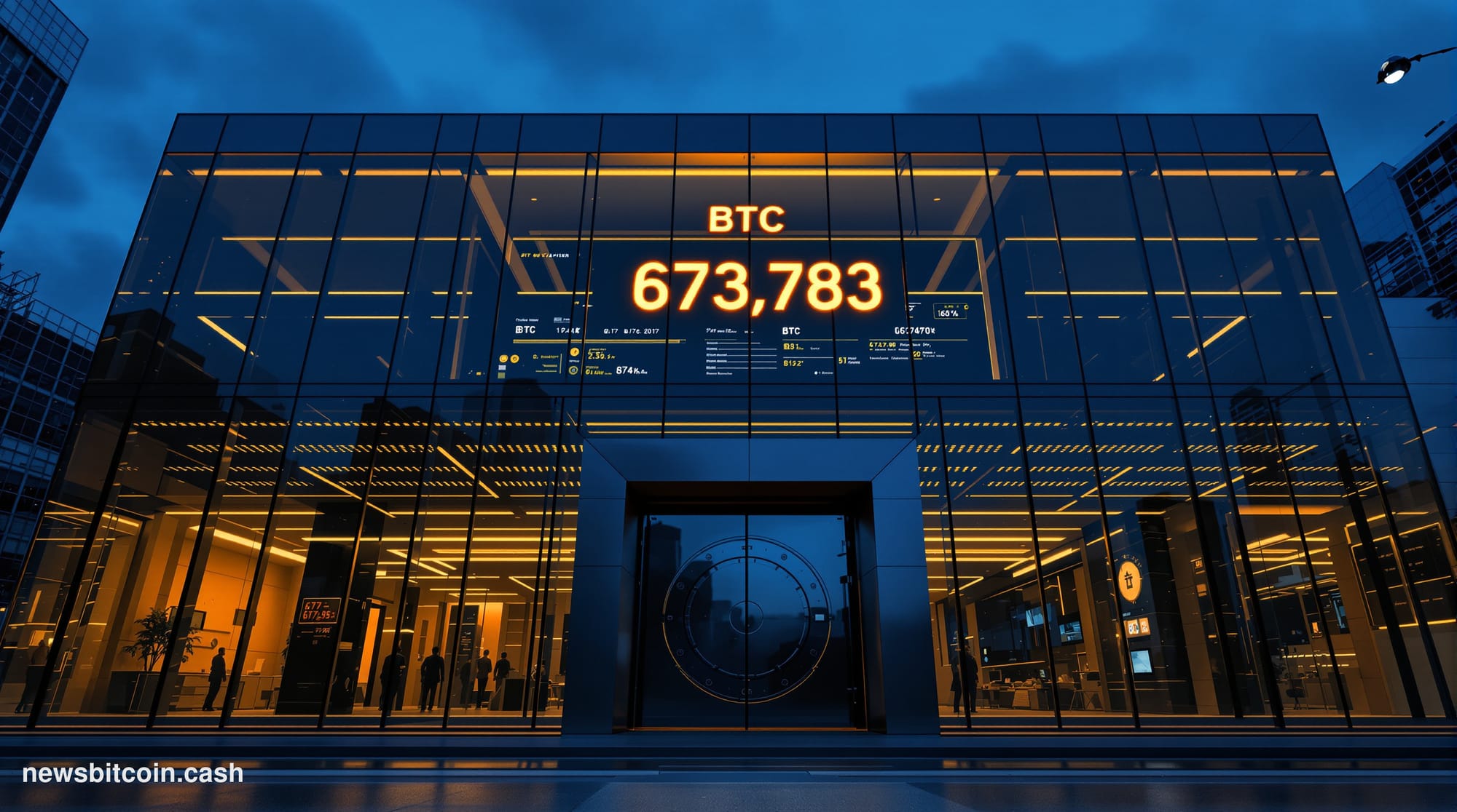 Cinematic photorealistic editorial photograph of a sleek corporate treasury operations center at night, dramatically lit from