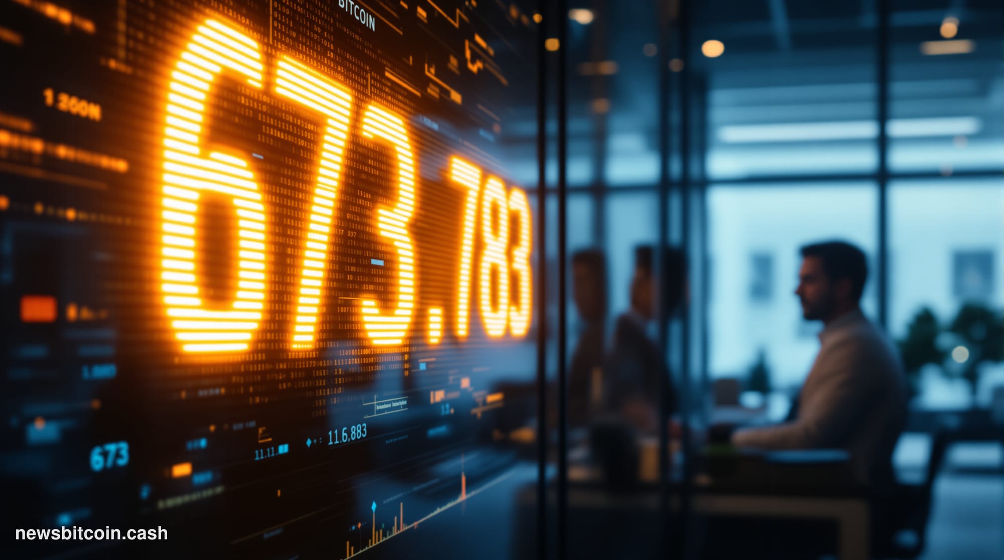 Cinematic photorealistic editorial photograph of a monumental glass-and-steel corporate treasury vault door, slightly ajar, w