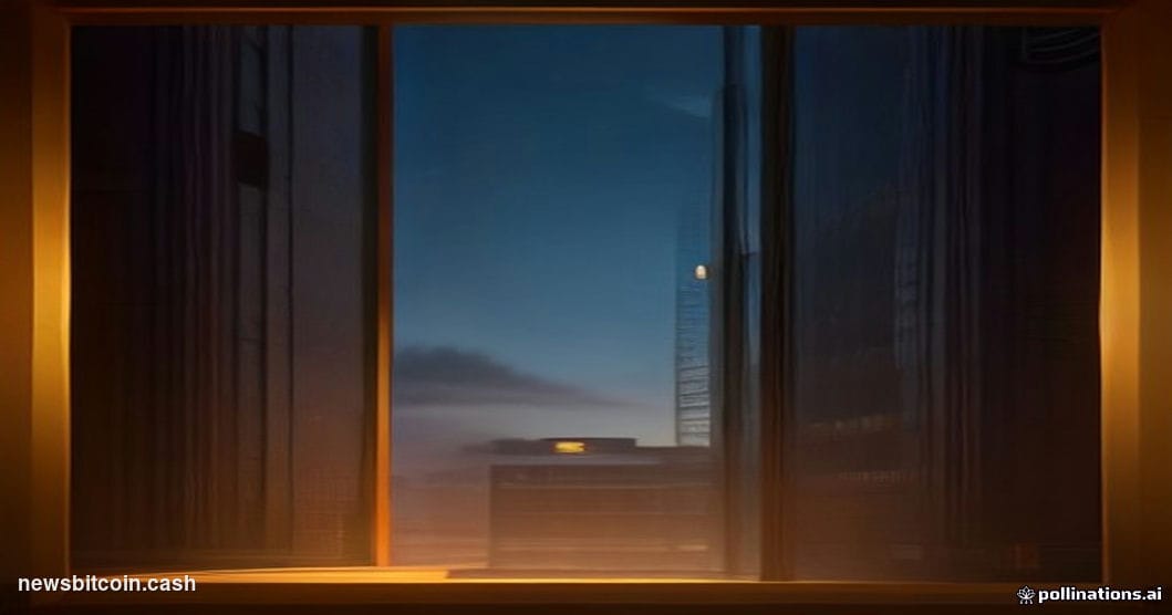 A cinematic photorealistic editorial photograph of a fortified corporate treasury vault door, partially ajar, revealing stack