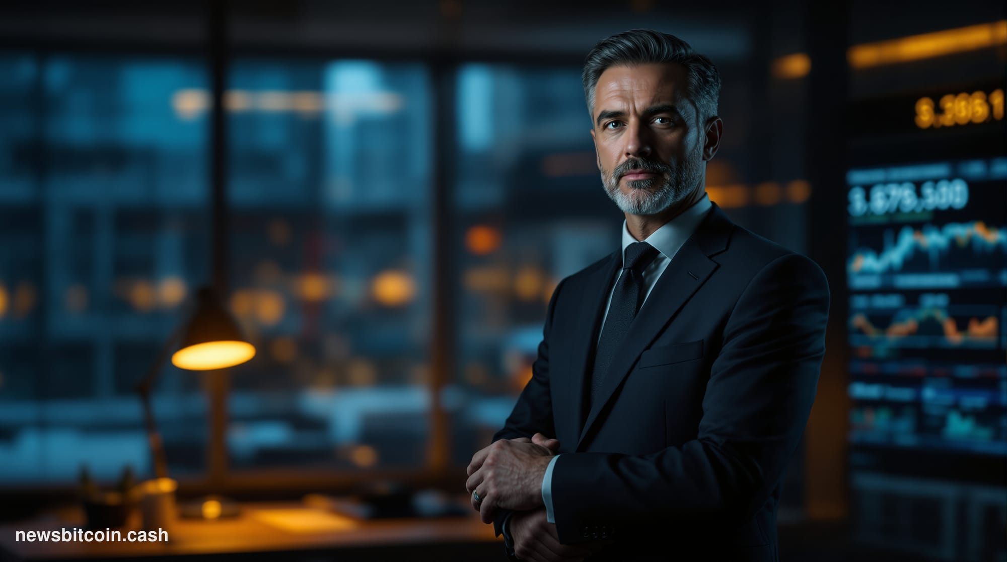 Cinematic photorealistic editorial photograph of a dramatic corporate boardroom setting at night, shot from a low angle looki