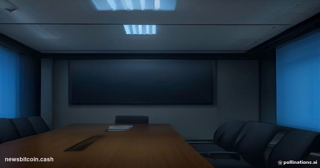 Cinematic photorealistic editorial photograph of a modern corporate treasury room, dramatically underlit from below with cool