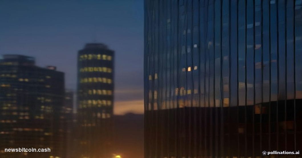 Cinematic photorealistic editorial photograph of Strategy's (formerly MicroStrategy) corporate headquarters building in Tyson