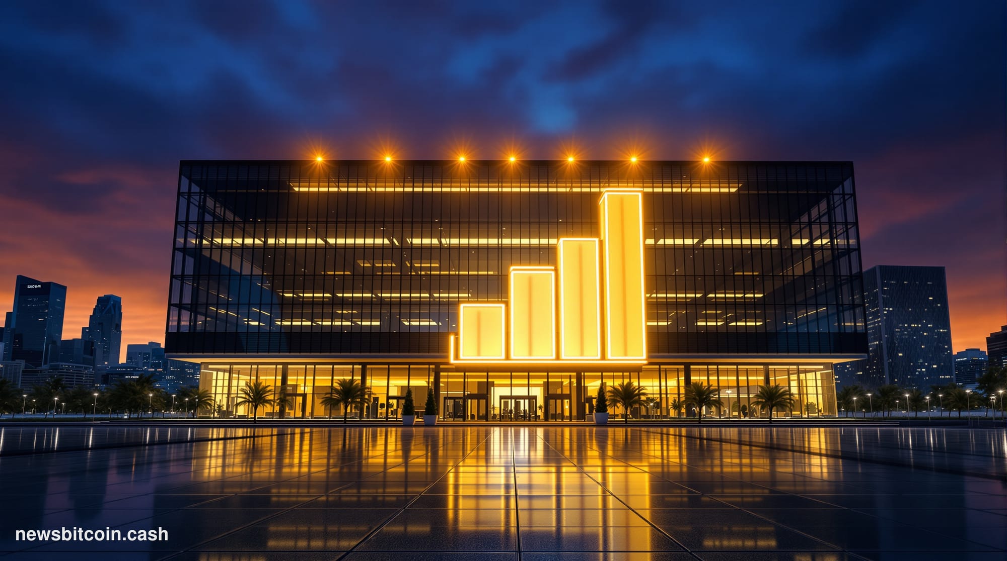 Cinematic photorealistic editorial photograph of Strategy's corporate headquarters exterior at dusk, shot from a low angle lo