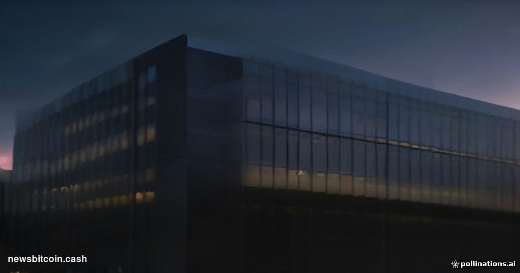 Cinematic photorealistic editorial photograph of a sleek corporate headquarters building exterior at dusk, with a large illum