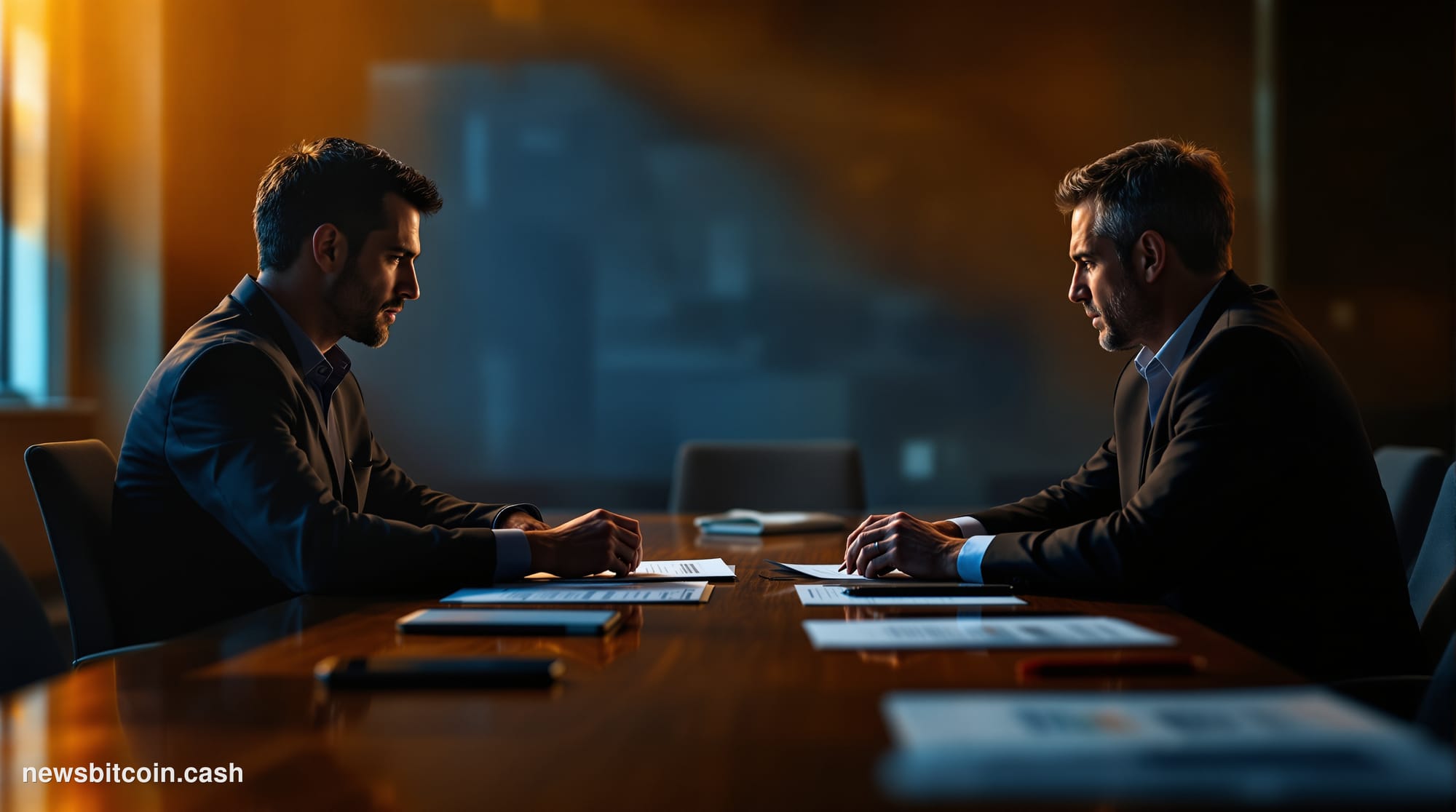 Cinematic photorealistic editorial photograph of a dramatic corporate boardroom scene set against the recognizable glass-and-