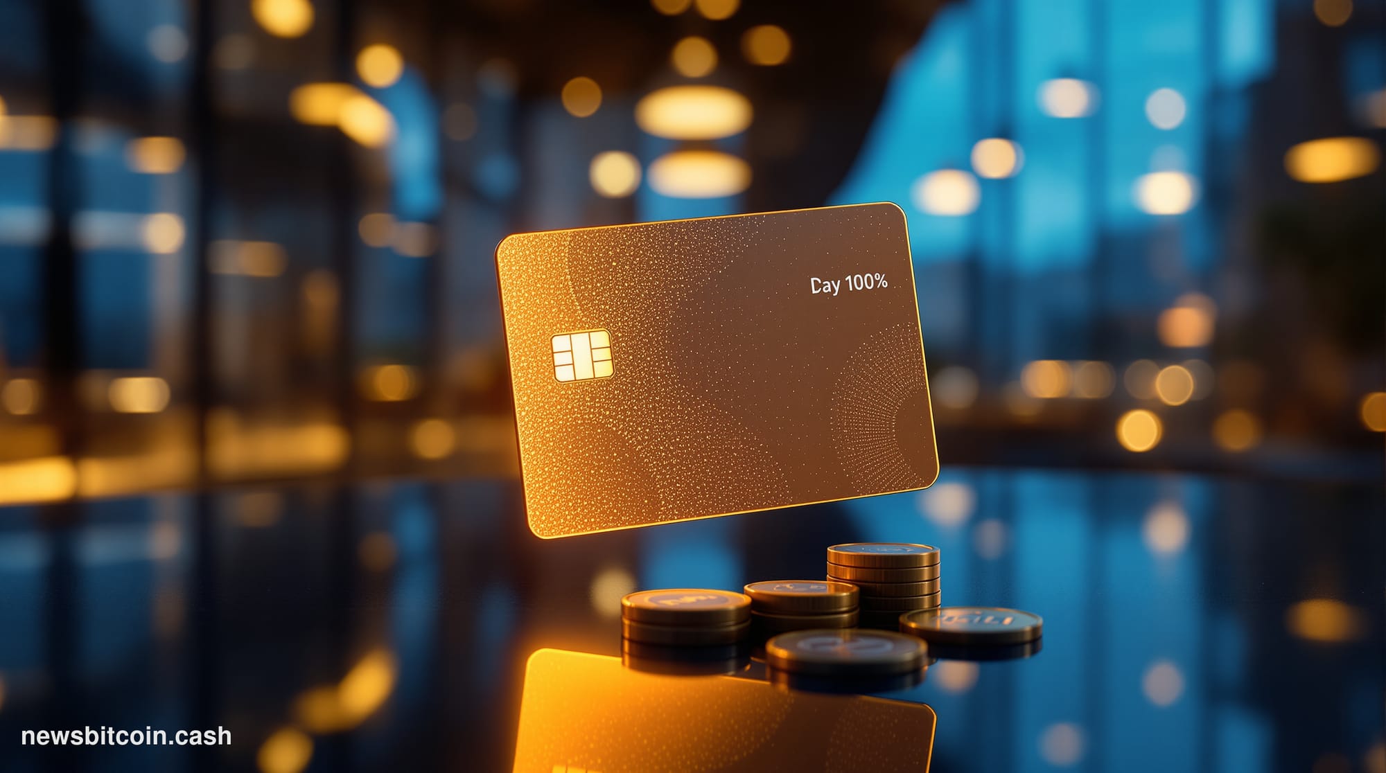 Cinematic photorealistic editorial photograph of a sleek, modern payment card hovering above a reflective dark surface, with 