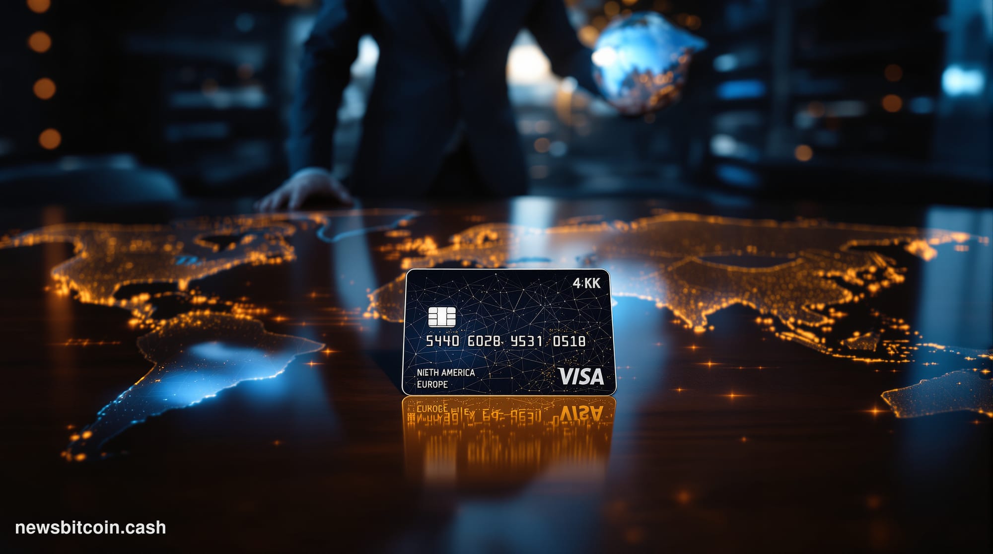 Cinematic photorealistic editorial photograph of a sleek payment card with a subtle digital shimmer effect resting on a physi