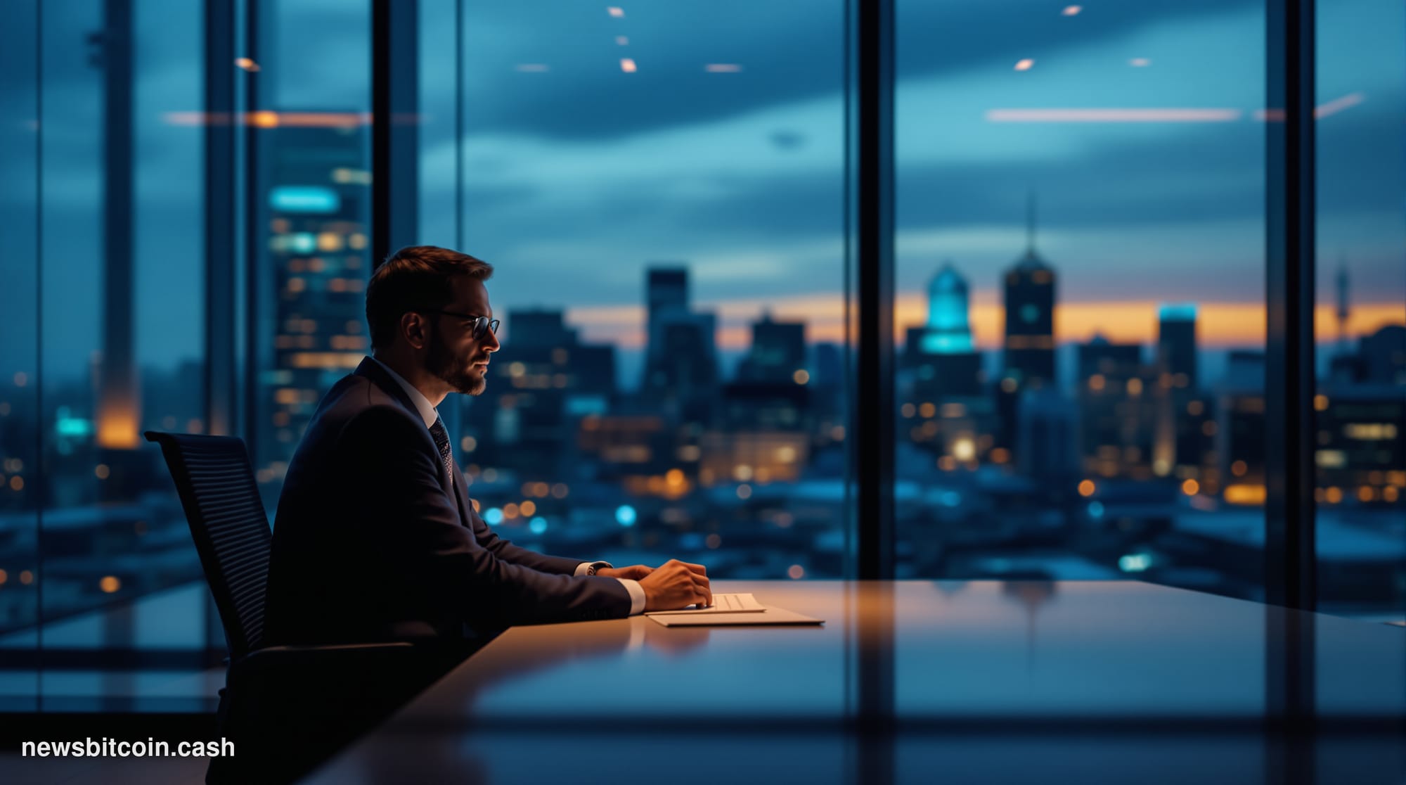 A cinematic photorealistic editorial photograph of a modern corporate headquarters building at dusk, with warm golden light e