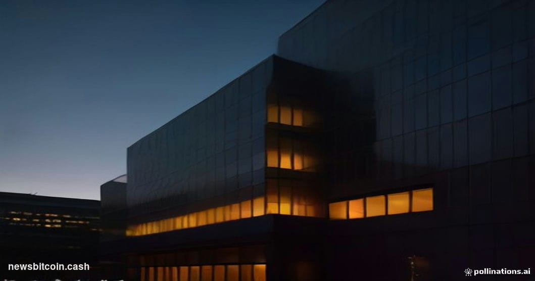 A cinematic photorealistic editorial photograph shot from a low angle looking up at a sleek modern corporate headquarters bui