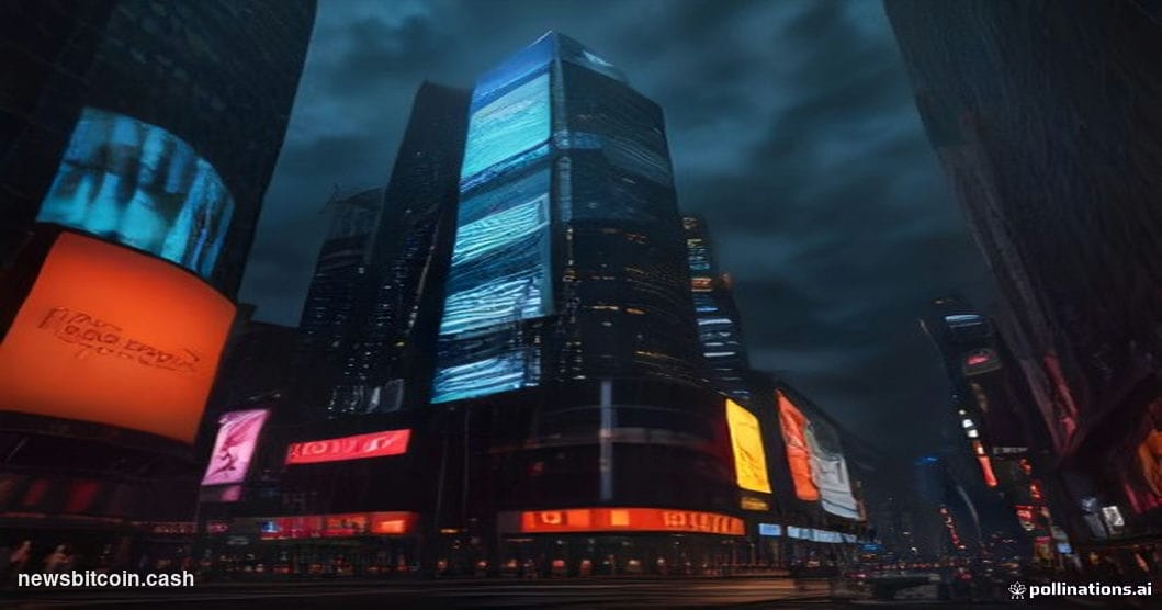 Cinematic photorealistic editorial photograph of the Nasdaq MarketSite building in Times Square, New York City, at dusk, with