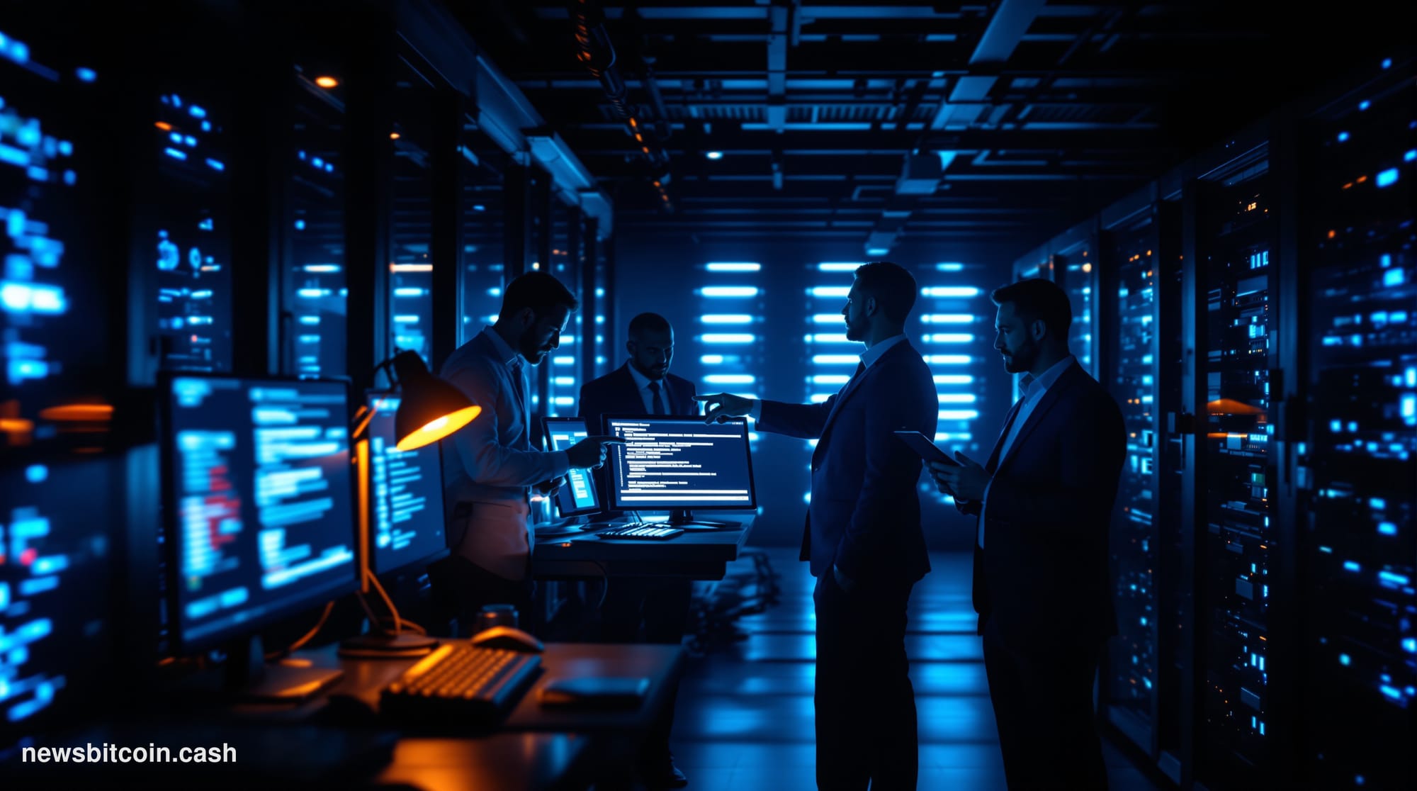 A cinematic photorealistic editorial photograph showing a modern data center server room in partial darkness, with rows of se