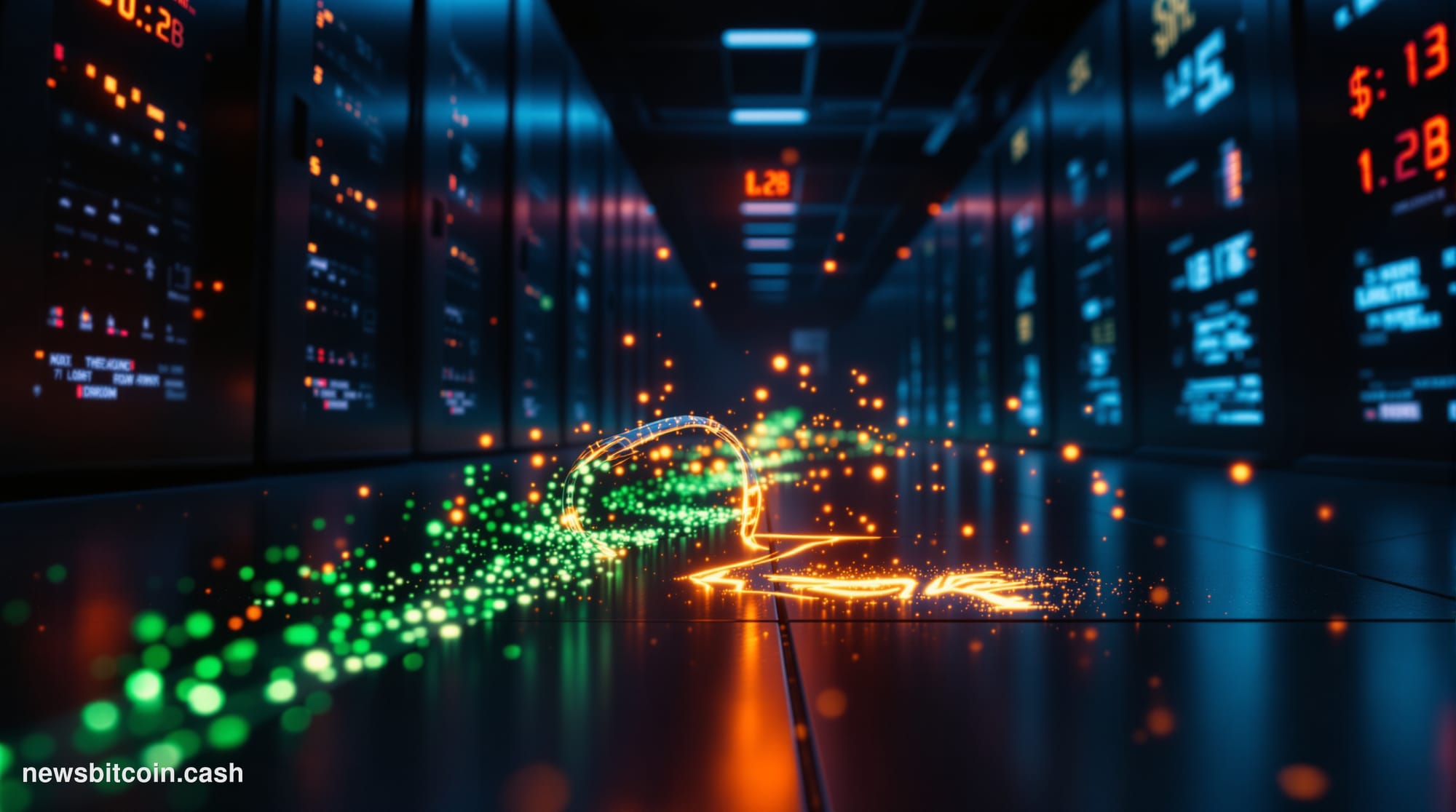 Cinematic photorealistic editorial photograph of a dark, dramatically lit server infrastructure corridor representing a compr