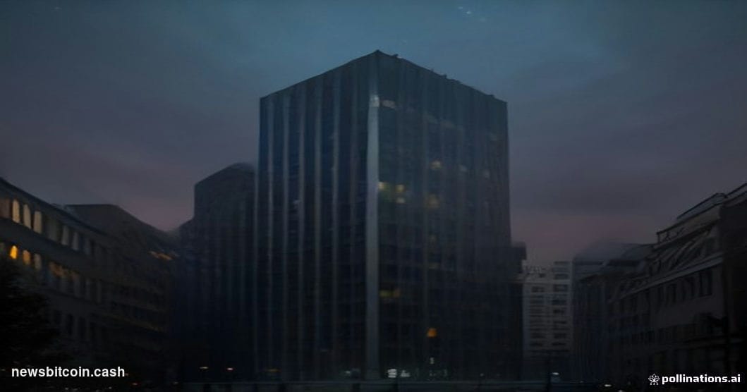 Cinematic photorealistic editorial photograph of Stockholm's financial district at dusk, with the Riksbank building facade pr