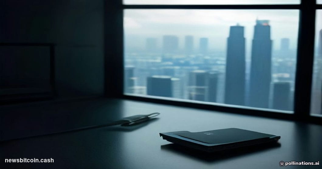 Cinematic photorealistic editorial photograph of a Ledger hardware wallet device on a dark glass surface in what appears to b