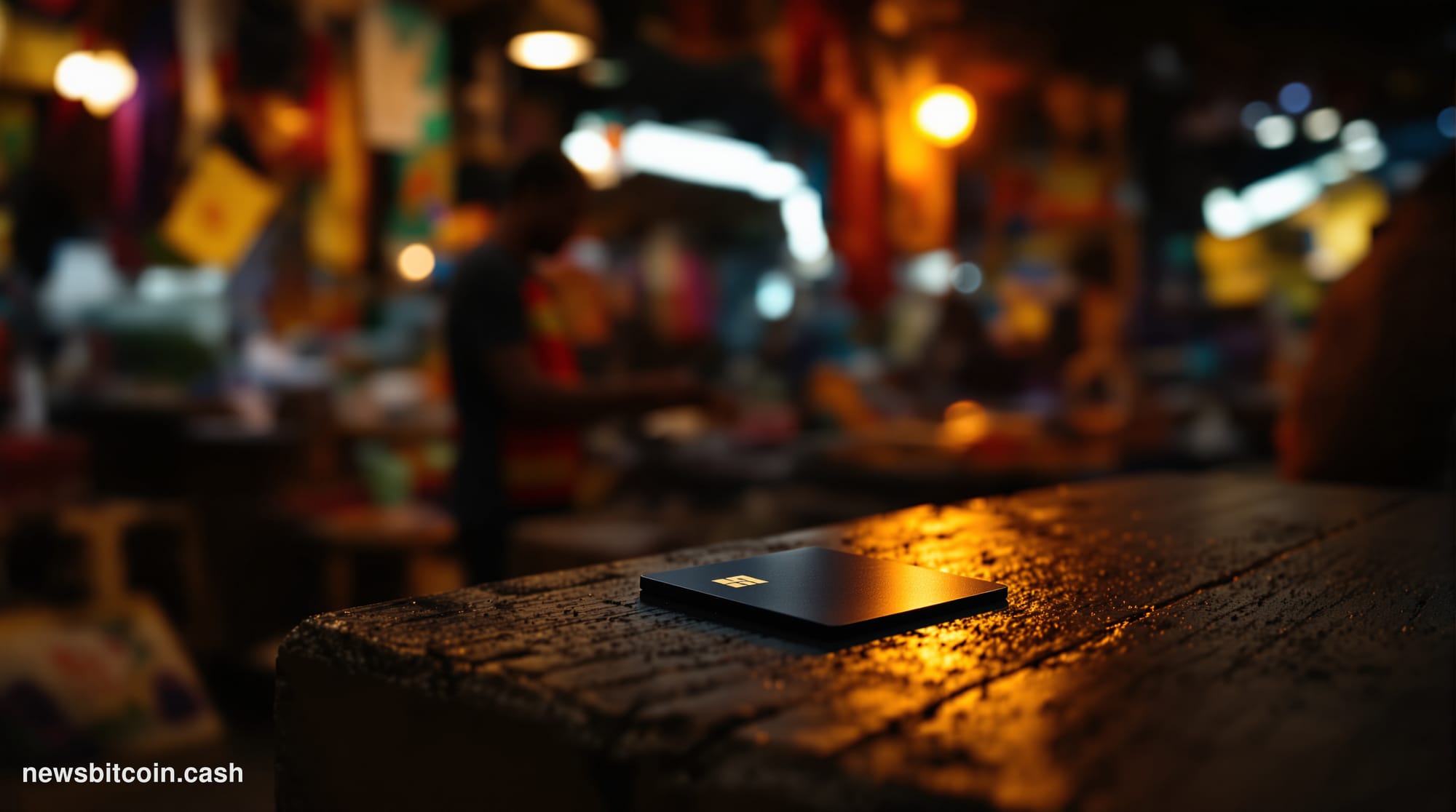 Cinematic photorealistic editorial photograph of a sleek matte-black hardware crypto card resting on a worn wooden surface in
