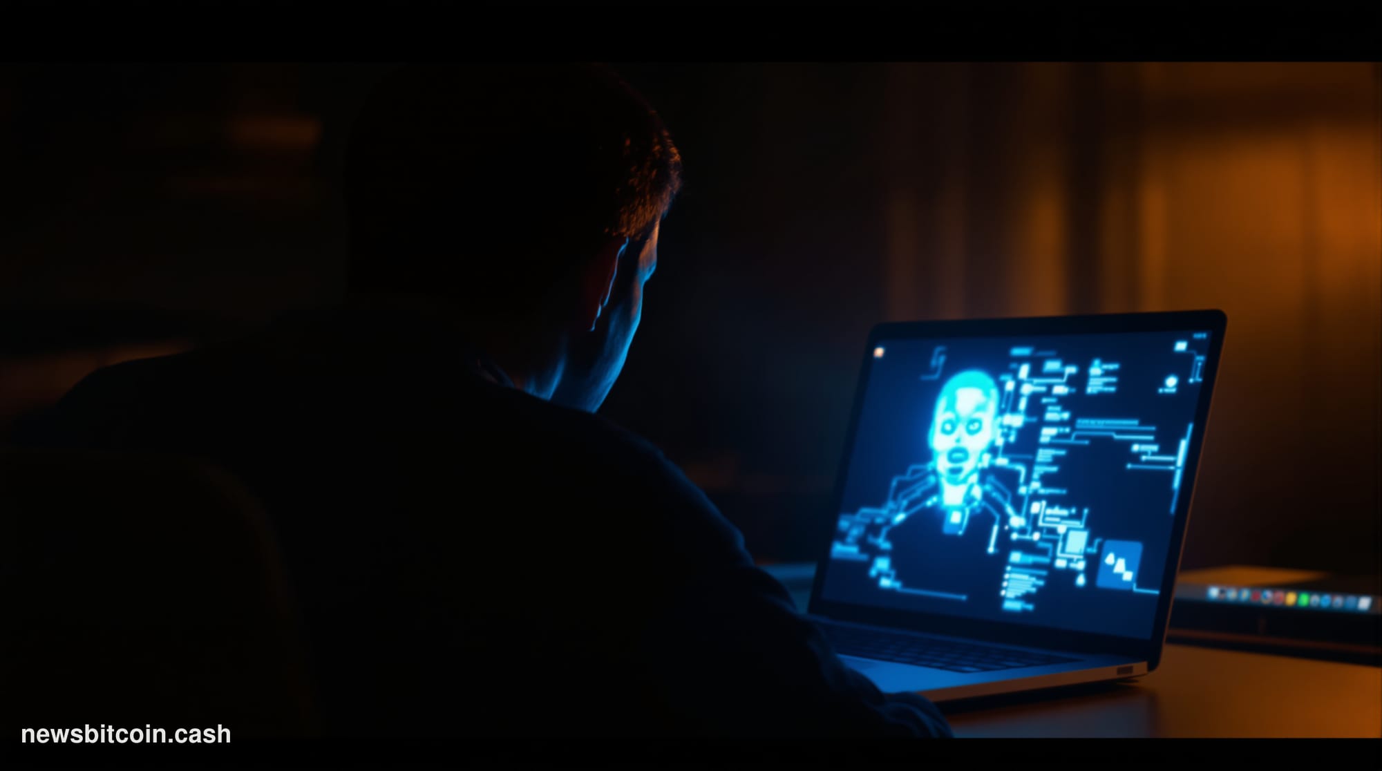 Cinematic photorealistic editorial photograph of a person sitting alone at a dimly lit desk, staring intently at a laptop scr