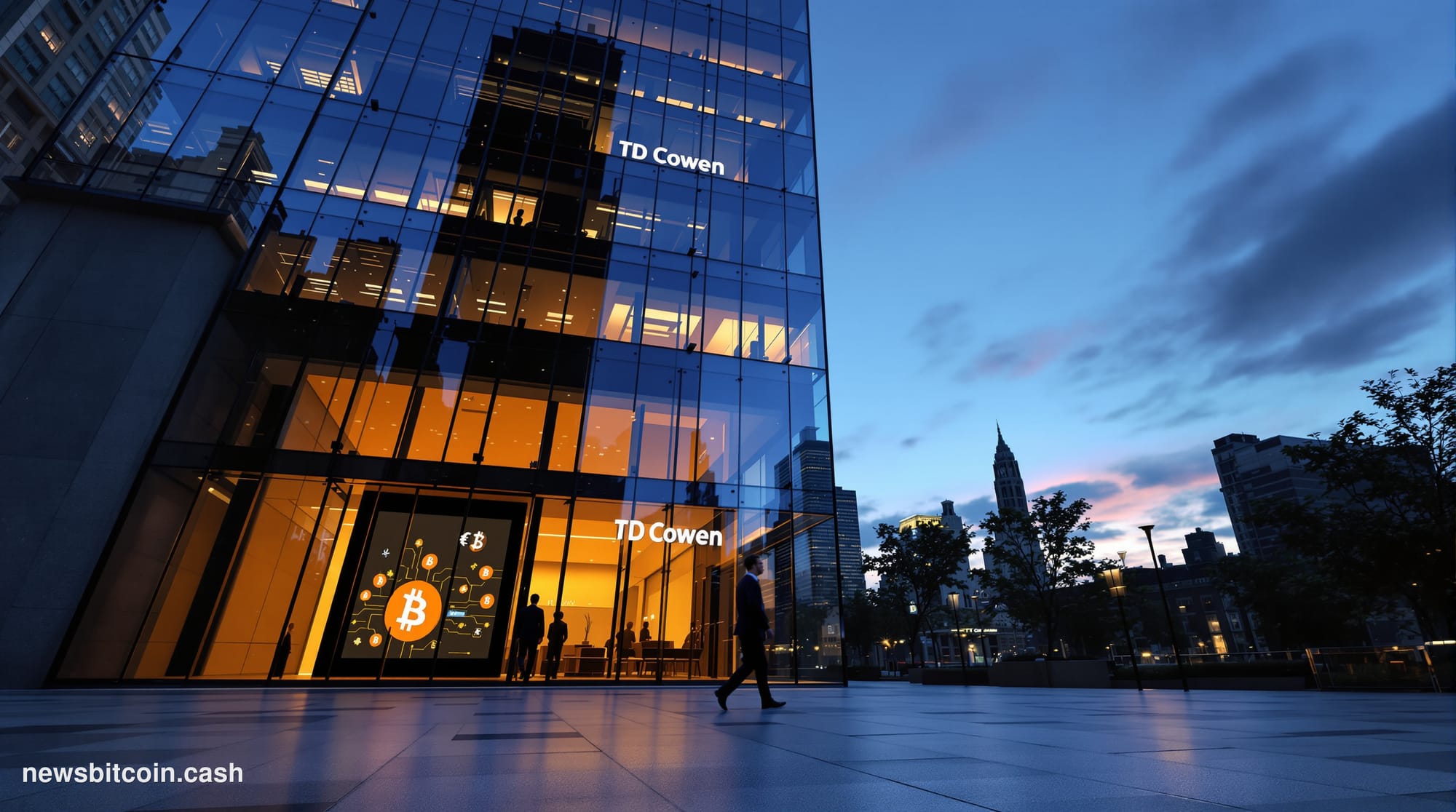 Cinematic photorealistic editorial photograph of the TD Cowen financial firm's New York office exterior at dusk, with warm am