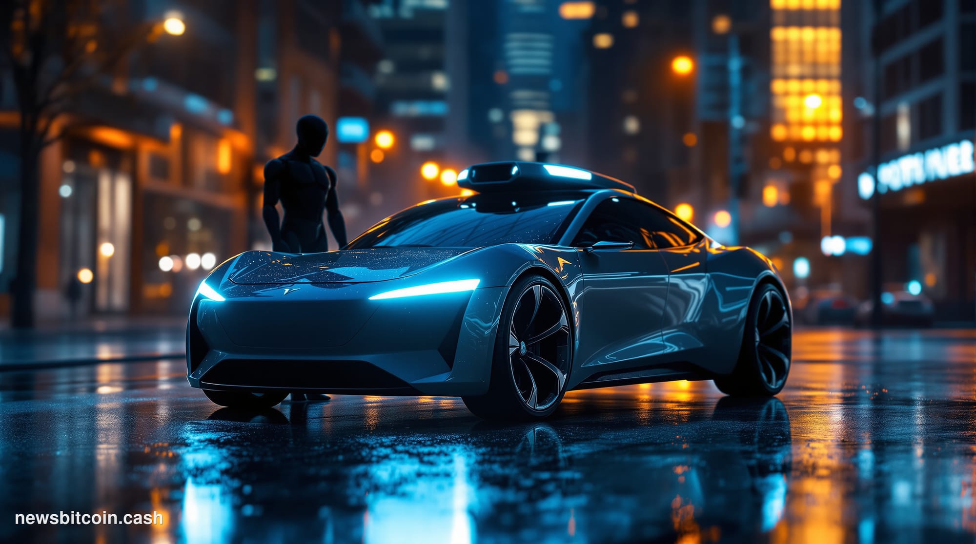 Cinematic photorealistic editorial photograph of a sleek autonomous electric vehicle on a rain-slicked urban street at night,