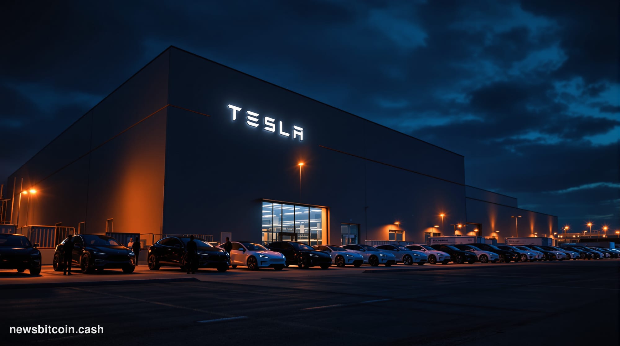 A cinematic photorealistic editorial photograph of Tesla's Fremont, California Gigafactory exterior at dusk, shot from a low 