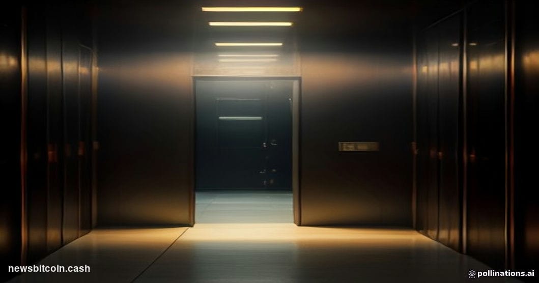 Cinematic photorealistic editorial photograph of a massive digital vault door rendered in cold steel, partially open with bri