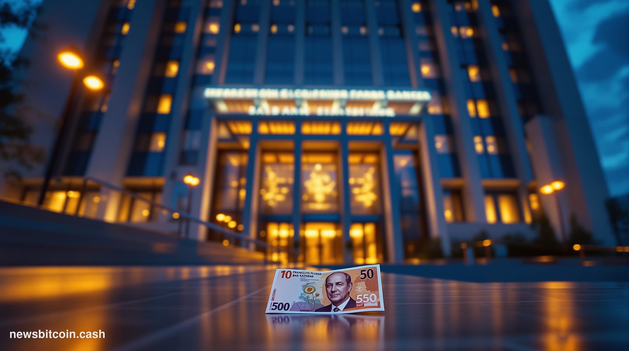 Cinematic photorealistic editorial photograph of the National Bank of Kazakhstan's imposing modernist headquarters in Almaty,