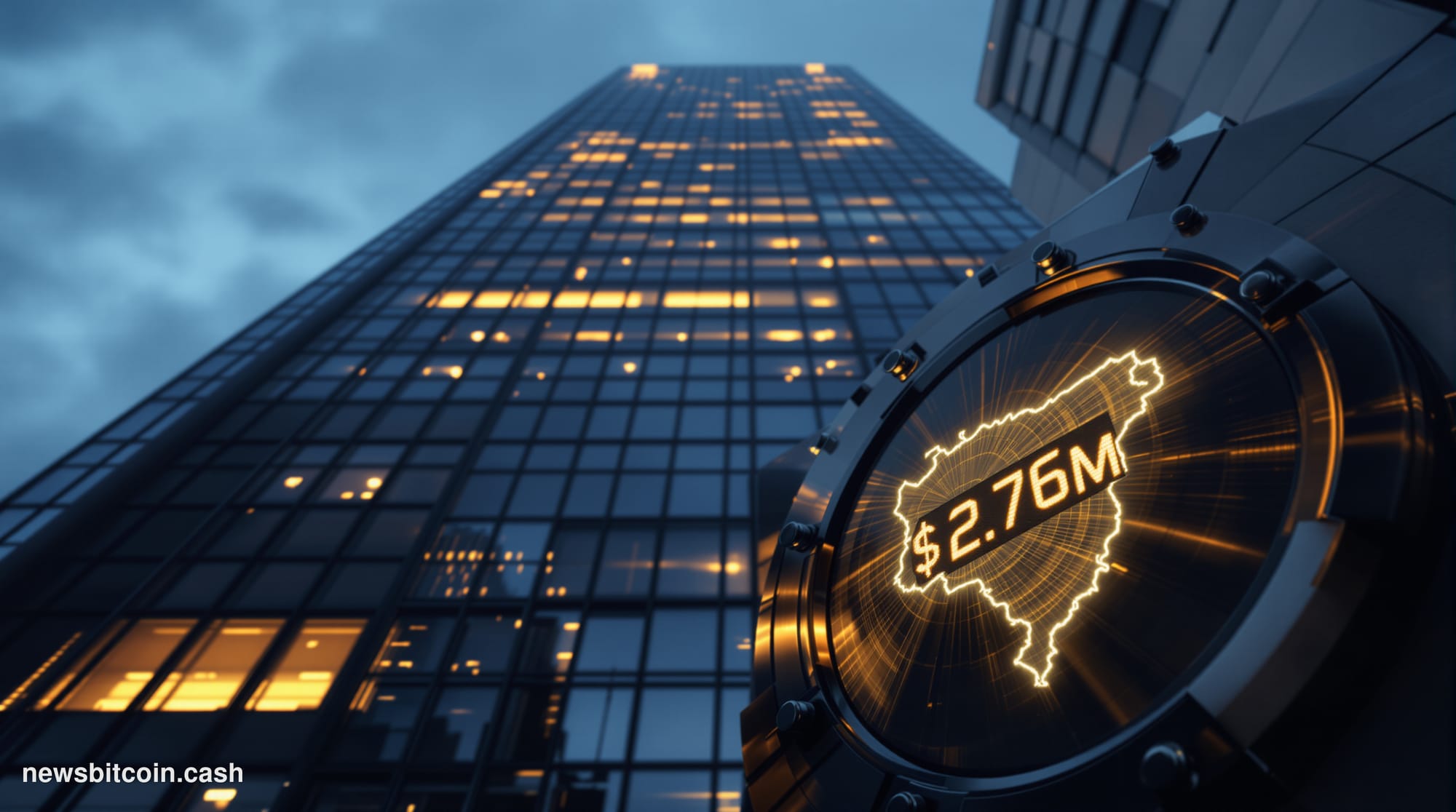 A cinematic photorealistic editorial photograph shot at low angle looking up at a cold, imposing glass-and-steel financial to