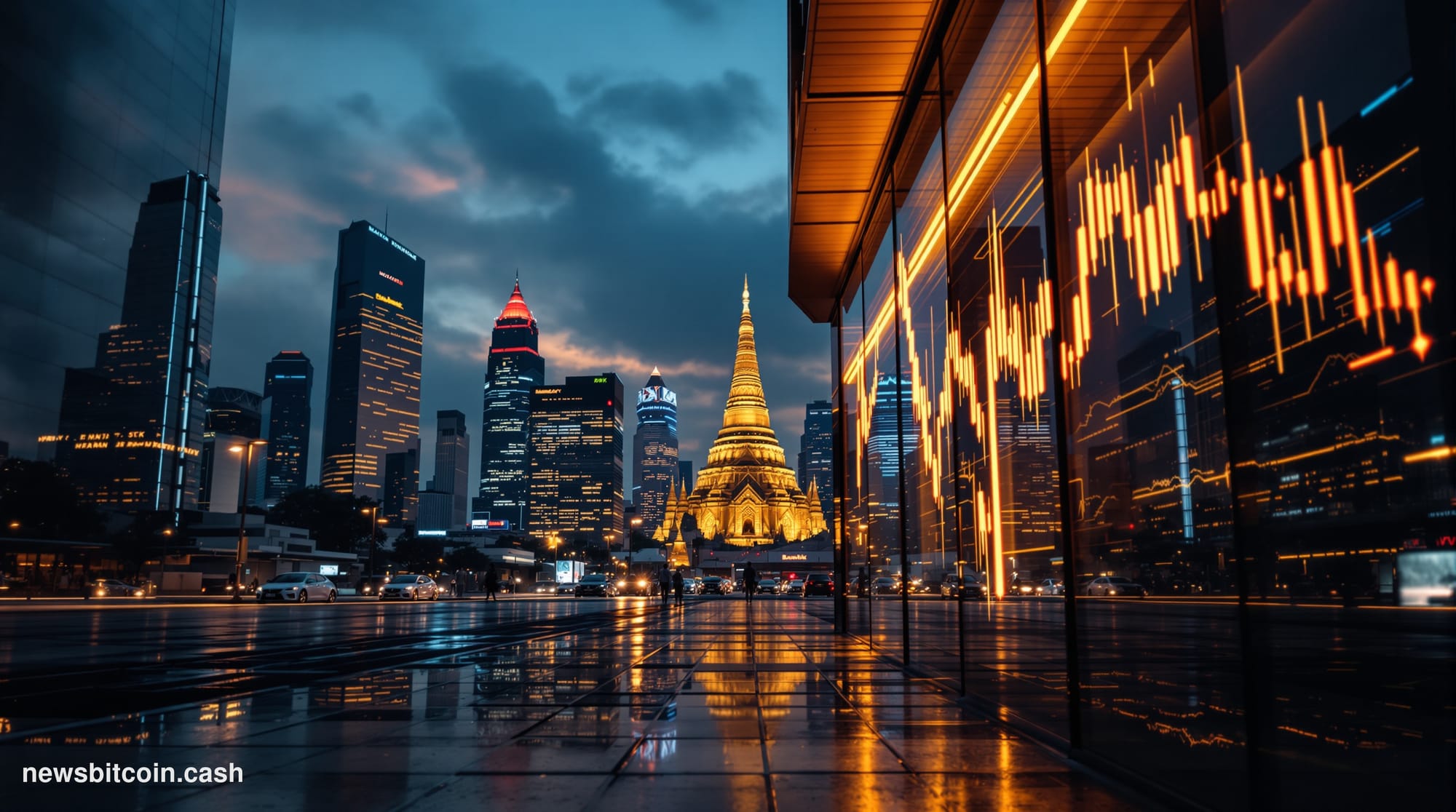 Cinematic photorealistic editorial photograph of the Bangkok skyline at dusk, with the iconic Wat Arun temple visible in the 