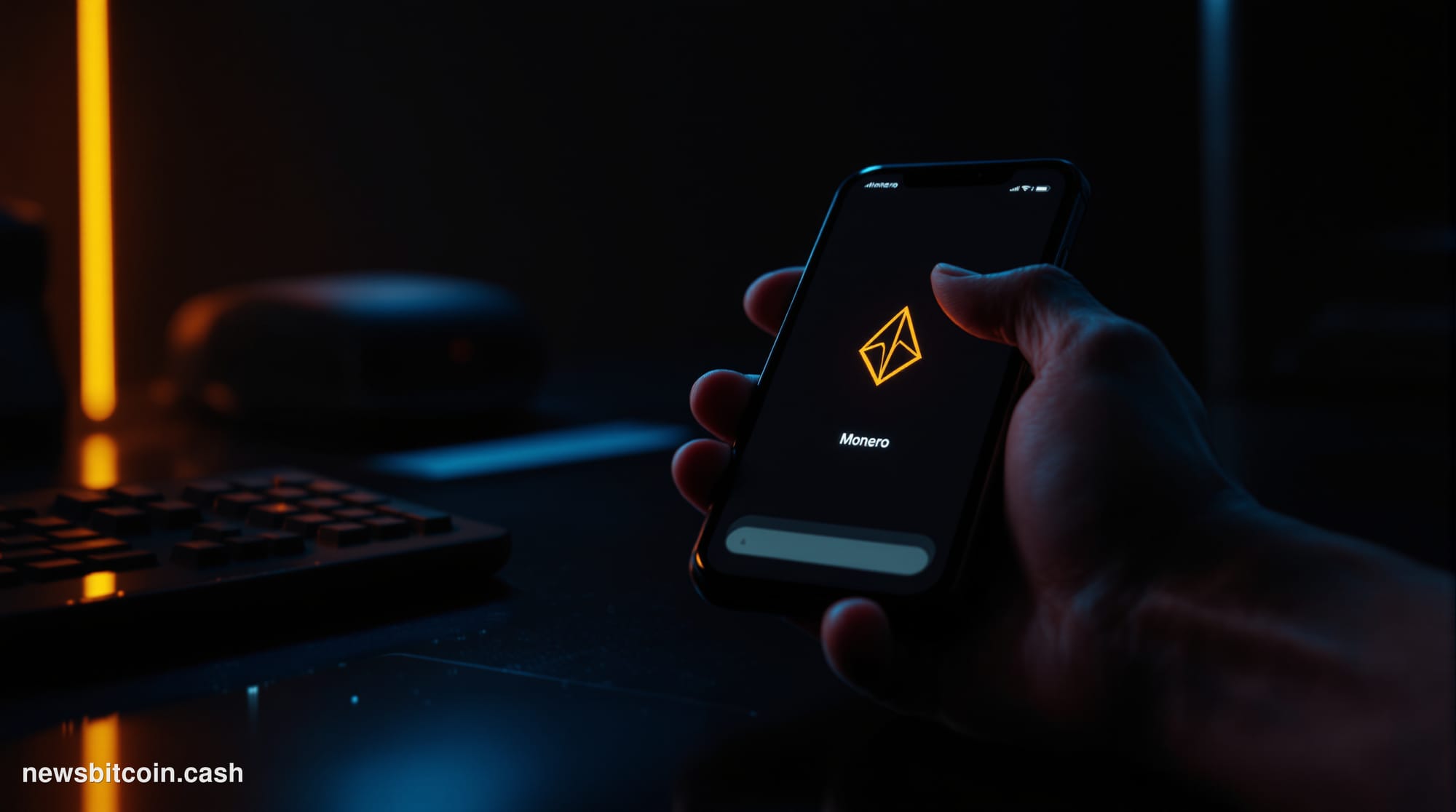 Cinematic photorealistic editorial photograph of a sleek smartphone displaying a dark-themed crypto wallet interface, held in