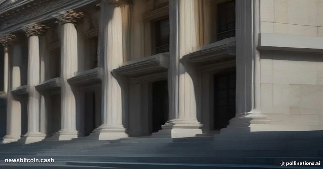 Cinematic photorealistic editorial photograph of the SEC headquarters building in Washington D.C. — the neoclassical facade o
