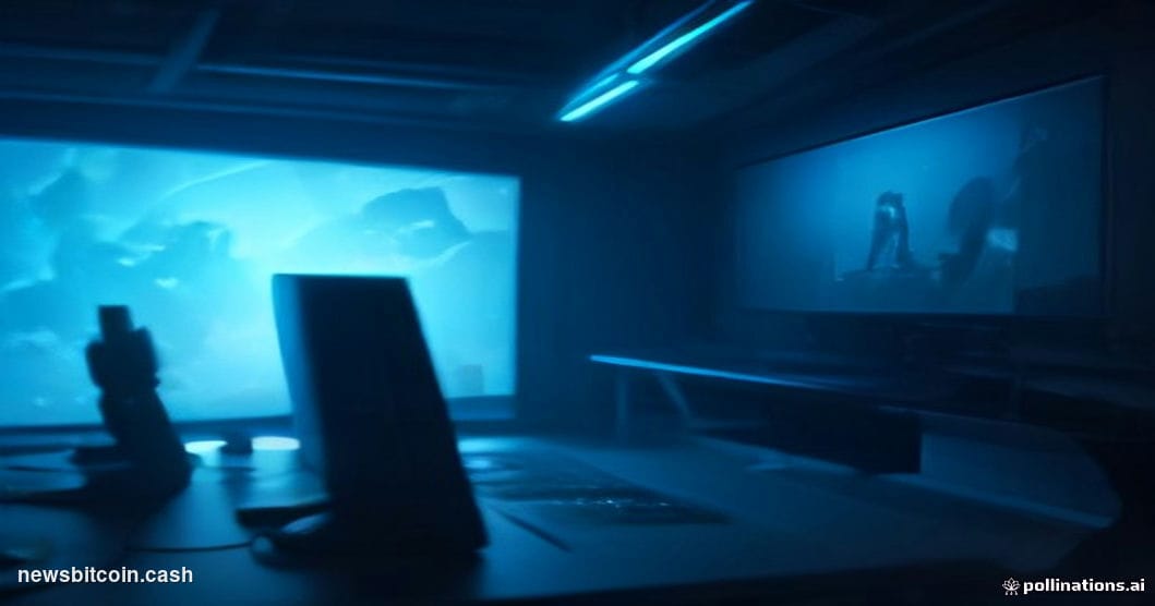 Cinematic photorealistic editorial photograph of a large gaming development studio at night, shot from a low angle looking up