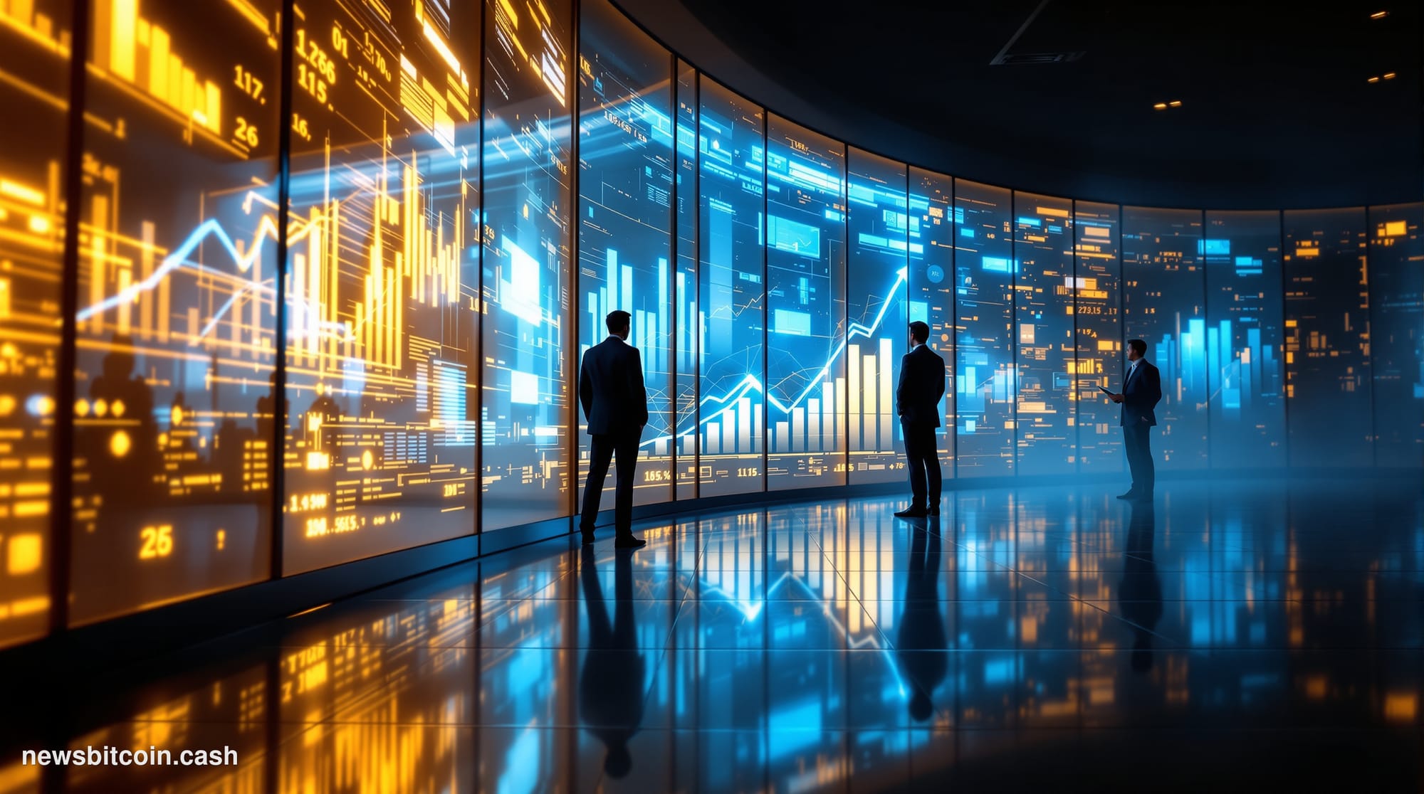 Cinematic photorealistic editorial photograph of a sleek financial data center interior, shot from a low angle looking up tow